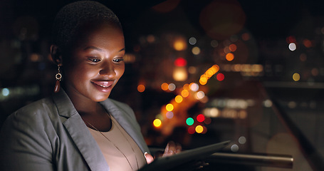 Image showing Corporate black woman, tablet and office in night, rooftop and reading social media for data analysis. Digital marketing planning, dark and focus on mobile tech for goals, ux and analytics at company