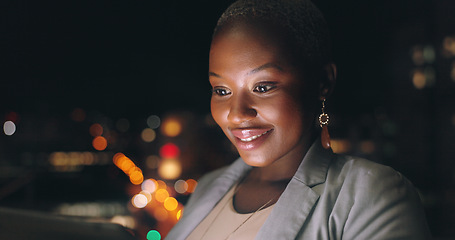 Image showing Black woman, screen and dark social media scroll of a person online looking at internet and web. City night, woman and technology reading of a female happy about a social network connection outdoor