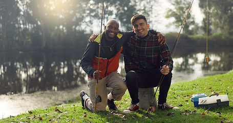 Image showing Fishing, lake and friends hug in nature on holiday, adventure and vacation together outdoors. Friendship, happy and portrait of men with rods by river for sports hobby, activity and catching fish