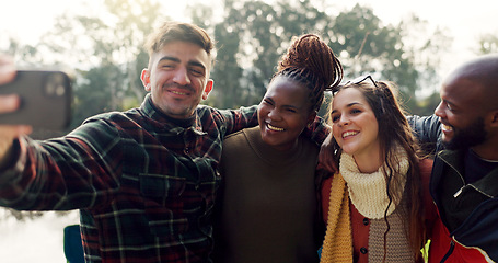 Image showing Camping, selfie and friends smile in nature on outdoor holiday, vacation and adventure. Campsite, travel and happy men and women on mountain take photo for social media, profile picture and memories