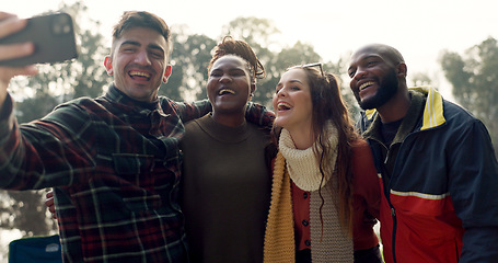 Image showing Camping, selfie and friends smile in nature on outdoor holiday, vacation and adventure. Campsite, travel and happy men and women on mountain take photo for social media, profile picture and memories