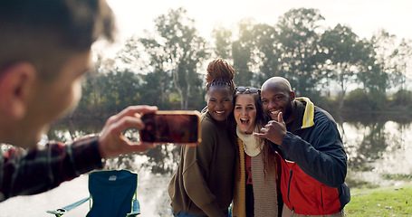 Image showing Camping, picture and friends smile in nature on outdoor holiday, vacation and adventure. Campsite, traveling and happy men and women on mountain pose for social media, profile photo and memories