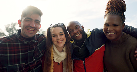 Image showing Group, couple of friends and laughing outdoor for fun, quality time and bonding together. Happy men, women and diversity of people hug with smile for support, freedom and funny double date at park