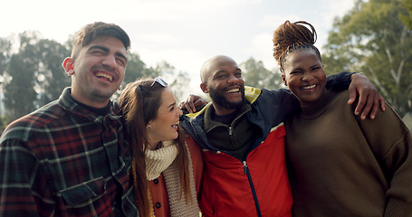 Image showing Group, couple of friends and laughing outdoor for fun, quality time and bonding together. Happy men, women and diversity of people hug with smile for support, freedom and funny double date at park