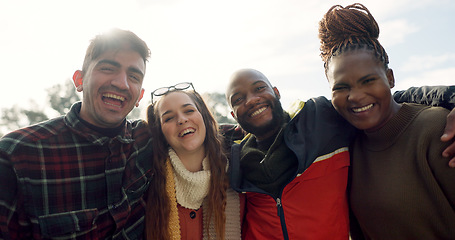 Image showing Group, couple of friends and faces laughing outdoor for fun, quality time or relax together. Portrait of happy men, women and diversity of people hug for support, freedom or funny double date at park