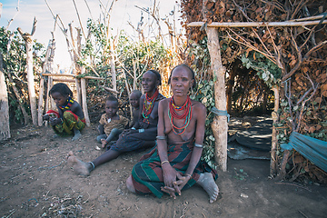 Image showing Dasanesh woman with children in front of his hut. Omorate, Omo Valley, Ethiopia