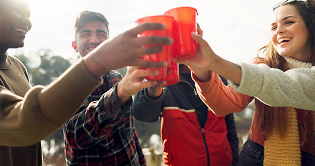 Image showing Friends, camping and toast drink outdoor for celebration, party and holiday together with smile. Happy students, group and cheers for alcohol, festival or event in sunshine on vacation in countryside