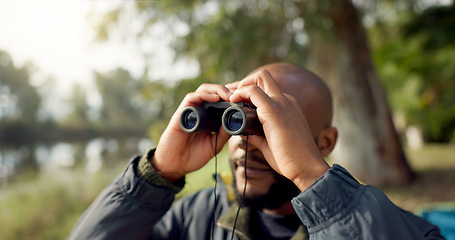 Image showing Black man, hiking and looking through a binnacles on an adventure on vacation. Lake, nature and hot beverage with male person at camp for travel or rest in forest to relax on weekend.