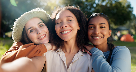 Image showing Selfie of group of women, camping and nature for summer vacation with smile, trees and sunshine. Relax, portrait of happy friends in forest on camp holiday with friendship, diversity and outdoor time