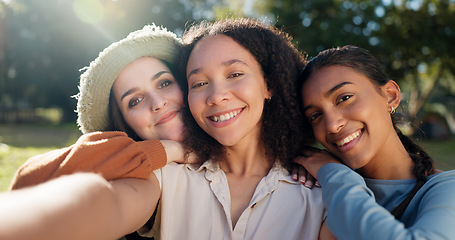 Image showing Selfie of group of women, camping and nature for summer vacation with smile, trees and sunshine. Relax, portrait of happy friends in forest on camp holiday with friendship, diversity and outdoor time