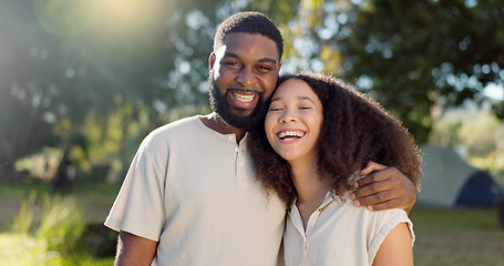 Image showing Love, diversity and a camping couple hugging outdoor in nature together while bonding for adventure. Summer, smile or romance with an interracial man and woman in the woods or forest to explore