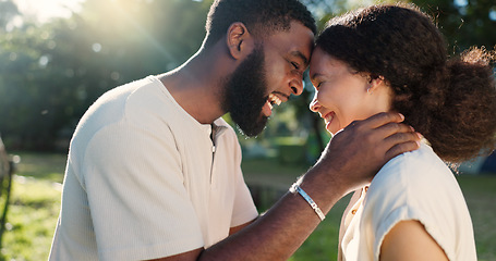 Image showing Love, nature and couple dancing with an intimate moment on a romantic date in a garden on holiday. Happy, smile and African young man and woman moving with affection in park on weekend trip together.