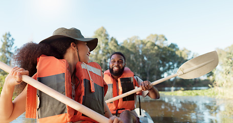 Image showing Couple, kayak and boat on lake outdoor for sports adventure or nature travel trip. Young man and woman together for fun workout, teamwork challenge and rowing on river or water on holiday or vacation