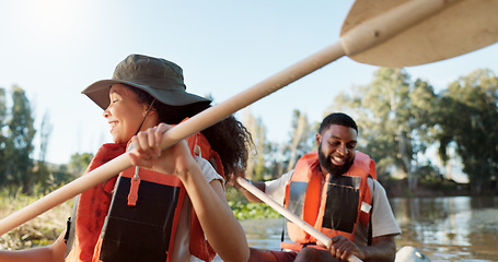 Image showing Couple, kayak and boat on lake outdoor for sports adventure or nature travel trip. Young man and woman together for fun workout, teamwork challenge and rowing on river or water on holiday or vacation