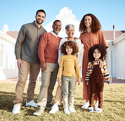 Image showing Parents, kids and grandparents in portrait, lawn and smile together with love, bonding and outdoor in sunshine. Mother, father and children in big family, happy and excited on grass, backyard or home