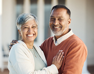 Image showing Senior couple, hug and happiness outdoor, love and care with bonding, support and trust in a marriage. Life partner, retirement together and people at holiday home with respect and romance in garden