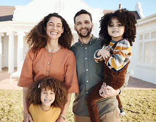 Image showing Family, portrait and parents with children outdoor, love and support with mom, dad and girl kids in home garden. Bonding, care and affection with people on the lawn and happiness together with smile