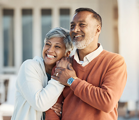 Image showing Mature couple outdoor, hug and love with smile, support and trust with happiness and marriage. Life partner, retirement together and romance, people in home garden with healthy relationship and care