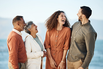 Image showing Funny, happy and travel with big family at beach for summer vacation, care and support. Love, smile and happiness with senior parents and couple laughing in nature for holiday, relax and bonding