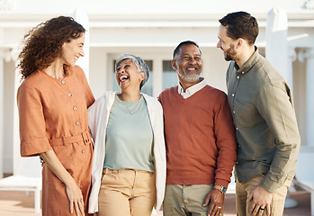 Image showing Happy family, parents and couple at a new home due to real estate laughing together and bonding as love or care. Outdoor, man and woman with elderly people with happiness for quality time at a house