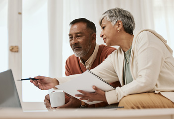 Image showing Senior couple, tax and laptop and home with documents, budget and audit for wealth, compliance or investment. Mature man, woman and paperwork with point, financial strategy and thinking in retirement