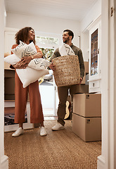 Image showing Happy, moving and front door with couple in new house for investment, future and property. Real estate, love and helping with excited man and woman of home for mortgage, marriage and renting together