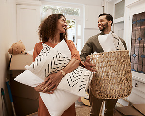 Image showing Happy, moving and real estate with couple in new house for investment, future and property. Smile, love and helping with excited man and woman of home for mortgage, marriage and renting together