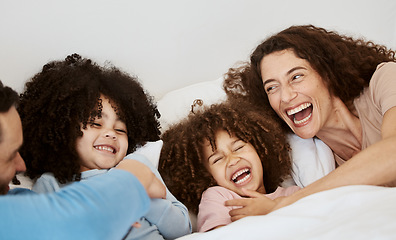 Image showing Bedroom, laughing and face of parents, children or happy family relax, bond and enjoy funny morning together. Bed, comedy and home kids, mom and dad wellness, humour and joke about holiday in Canada