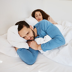 Image showing Divorce, fight and couple in bed with stress, ignore or argument in their home together. Marriage, conflict and man in bedroom with depression, shame or erectile dysfunction, insomnia or abuse trauma