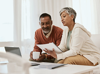 Image showing Senior couple, tax documents and home with planning, budget or audit for wealth, compliance or investment. Mature man, woman and paperwork with laptop, financial strategy and thinking for retirement