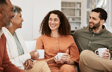 Image showing Couple, senior parents and coffee on sofa, relax and happy with conversation, love and bonding in living room. Men, women and chat with matcha, espresso or tea for care, lounge couch and family home