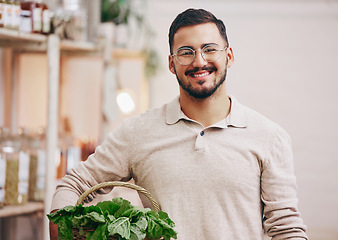 Image showing Man, shop and small business for portrait, vegetables and happy for service, help and sales with pride at company. Young entrepreneur, store and basket for product, leaves and groceries in Rome