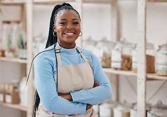 Image showing Supermarket, grocery store and portrait of black woman with crossed arms for service in eco friendly market. Small business, sustainable shop and manager smile for groceries, products or organic food