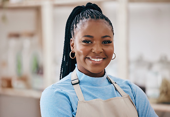 Image showing Supermarket, grocery store and portrait of happy black woman for service in eco friendly market. Small business, organic shop and face of manager smile for groceries, goods for natural food products