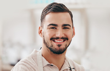 Image showing Man, shop and small business for portrait, apron and happy for service, help and sales with pride at company. Young entrepreneur, store and smile on face for trading, success or restaurant in Rome