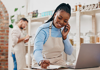 Image showing Black woman, cashier notes and phone call with networking and inventory check for retail store. Happy, shop management and mobile with communication and discussion about business and supply chain