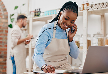 Image showing Black woman, cashier and phone call with networking and inventory check for retail store. Happy, shop management and mobile with communication and discussion about small business and supply chain