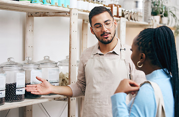 Image showing Supermarket, grocery store and manager with woman for help, assistance and service in eco friendly market. Small business, organic shop and man with customer for groceries, product and food choice