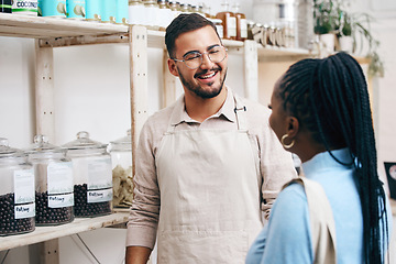 Image showing Grocery store, staff and inventory conversation with a smile at a sustainable small business. Workers, communication and retail management planning in eco friendly and fair trade shop with employees