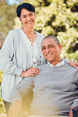 Image showing Senior couple outdoor, love and smile, support and trust with bonding and marriage. Life partner, retirement together and romance, people in garden or park portrait with healthy relationship and care