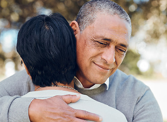 Image showing Senior couple outdoor, hug and love with smile, support and trust with bonding and marriage. Life partner, retirement together and romance, people in garden or park with healthy relationship and care