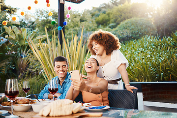 Image showing Selfie, outdoor lunch and laughing friends excited for funny memory photo of group, friendship reunion or brunch party. Comedy, photography and people together, smile and post profile picture to app