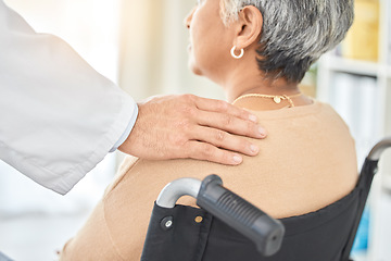 Image showing Doctor, woman and wheelchair with comfort, shoulder and hand for support, care and rehabilitation in clinic. Medic, help and senior person with disability for empathy, kindness or nursing in hospital