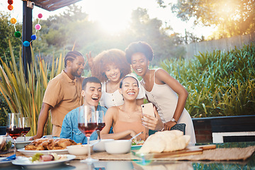 Image showing Group selfie, brunch and friends smile for memory photo of lunch together, outdoor reunion or holiday party event. Patio, photography and people bond, pose and post profile picture to social network