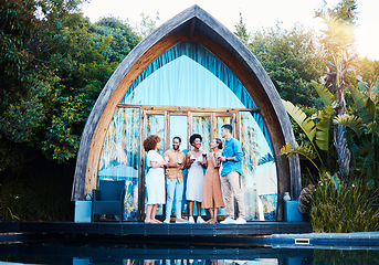 Image showing Garden lodge, glamping and friends at a cabin with luxury accommodation and modern architecture. Travel, holiday and people at destination in Bali for tropical vacation and freedom at resort pool