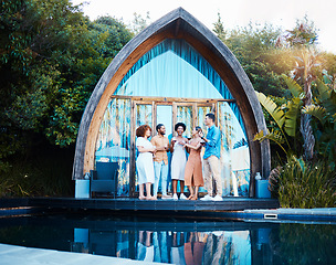 Image showing Garden lodge, glamping and happy friends at cabin with luxury accommodation and modern architecture. Travel, holiday and people at destination in Bali for tropical vacation and freedom at resort pool