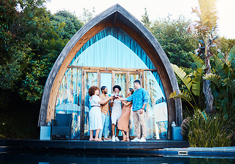 Image showing Garden lodge, glamping and friends cheers at a cabin with luxury accommodation and forest cottage. Travel, holiday and people relax at destination in Bali for vacation and freedom at resort pool