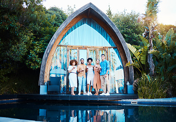 Image showing Garden lodge, glamping and friends portrait at a cabin with luxury accommodation and modern architecture. Travel, holiday and people at destination in Bali for vacation and freedom at resort pool