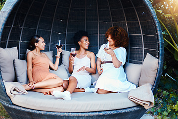 Image showing Travel, luxury and friends on vacation in conversation happy for an outdoor getaway together with alcohol. Wine, laughing and people on holiday in nature bonding in happiness in a modern tent