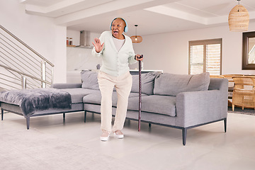 Image showing Living room, dancing and happy senior woman with headphones enjoy music and excited for retirement in her home. Happiness, freedom and elderly person listening to radio, audio and song with smile